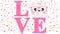 Slogan love with the face of a cute cat with glasses. White background with pink and yellow hearts. Vector illustration drawn in