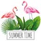 Slogan summer time tropical leaves flamingo white background