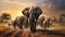 Slonies Parade: A flock of elephants in the ranks walking in the vasts of African nature