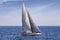Sloop sailboat USA 18 sailing in open waters.