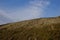 The slope of a clay hill against the backdrop of a beautiful blue sky. Lifeless soil. Sunny weather. Landscape