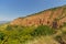 Slope with pink rocks and green trees of Rapa Rosie , the grand canyon of Romania, under a clear blue sky