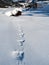 Slope view trace in winter in resort Ladis, Fiss, Serfaus in ski resort in Tyrol