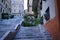 A sloping stone staircase in front of a house in a medieval Italian village Corinaldo, Marche, Italy