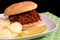 Sloppy Joe sandwich with chips and pickle