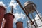 Sloss Furnaces National Historic Landmark, Birmingham Alabama USA, view looking up at water tower and furnaces against a blue sky