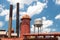 Sloss Furnaces National Historic Landmark, Birmingham Alabama USA, water tower, furnaces and smoke stacks, blue sky with clouds