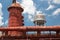 Sloss Furnaces National Historic Landmark, Birmingham Alabama USA, wide view of furnace and water tower against a brilliant blue s