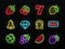 Slot machine bright neon vector symbols. Casino light gambling icons