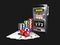A slot machine with color playing chips, dice and poker cards. 3d Illustration