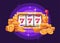 Slot machine with gold coin pile on purple background. Casino flat illustration