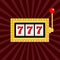 Slot machine. Golden color Glowing lamp light. 777 Jackpot. Lucky sevens. Red handle lever. Big win Online casino, gambling club s