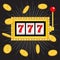 Slot machine. Golden Glowing lamp light. 777 Jackpot. Lucky sevens. Flying coin money. Red handle lever. Big win Online casino, ga