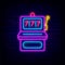 Slot machine neon sign. Shiny gambling symbol. Casino concept. Winner idea with sevens. Vector illustration