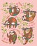 Sloth bear animal characters in floral ornament isolated on pink background