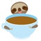 Sloth and blue cup coffee, tea, cute kawaii Three-toed sloth isolated on white background. Vector