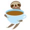Sloth and blue cup coffee, tea, Three-toed sloth isolated on white background. Vector