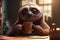 Sloth cartoon character holding cup of morning coffee illustration. AI generated