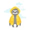 Sloth character in yellow raincoat