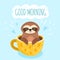 Sloth with coffee. Funny morning card, cute animal face in cup. Sweet creative scandinavian banner, exact cartoon fun