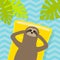 Sloth floating on yellow air pool water mattress. Slow down. Top aerial view. Hello Summer. Palm tree leaf. Cute cartoon relaxing