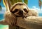 sloth hanging on the palm tree, summer vacation concept