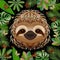 Sloth. Head, face, portrait. Beige fur. Cartoon style. Animal smiles. Frame of jungle leaves