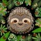 Sloth. Head, face, portrait. Gray fur. Cartoon style. Animal smiles. Frame of jungle leaves