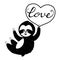 Sloth with heart silhouette in black colour isolated on white background. Romantic, cute bear in cartoon style. Positive symbol
