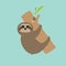 Sloth hugs tree branch. Cute cartoon character. Wild joungle animal collection. Baby education. Blue background. Flat design