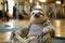 A sloth is lounging on a hardwood yoga mat in a gym