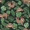 Sloth pattern on a background of tropical leaves on a green background