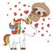 Sloth riding unicorn`s horn. Kawaii illustration. St. Valentine`s day card. Cute animals