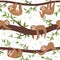 Sloth seamless. Cute little sleepy baby animal textile pattern family hanging vector concept