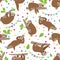 Sloth seamless pattern. Relaxing sloths on jungle summer forest brunches. Adorable girl baby texture