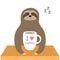 Sloth sitting. I love coffee cup. Sleeping sign zzz. Teacup on wooden table. Cute cartoon lazy sleep baby character. Slow down.