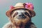 Sloth in straw hat with flower, a fashionable sun hat accessory