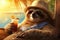 Sloth in sunglasses relaxing on a sun lounger with a drink, tropical plants background