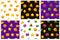 Slots icons set. Background with colored casino icons. Seamless repeating pattern.