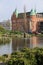 Slottsparken park pond and city library building, Malmo, Sweden