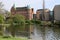 Slottsparken park pond and city library buildings, Malmo, Sweden