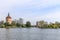 Slottsparken park pond and old tower panorama, Malmo, Sweden