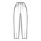 Slouchy Jeans Denim pants technical fashion illustration with ankle length, normal waist, high rise, 5 pocket, oversized