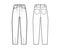 Slouchy Jeans Denim pants technical fashion illustration with full length, low waist, rise, 5 pockets, Rivets, oversized