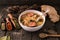 Slovak christmas cabbage soup with mushrooms on natural background.