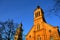 Slovak evangelical Augsburg church in Modra in evening spring sunshine, clear blue skies.