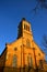 Slovak evangelical Augsburg church in Modra in evening spring sunshine, clear blue skies. Built in neoroman architectural style
