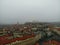 Slovakia, Bratislava. Historical centre. Aerial view from above, created by drone. Foggy day town landscape, travel photography.