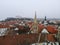 Slovakia, Bratislava. Historical centre. Aerial view from above, created by drone. Foggy day town landscape, travel photography.