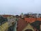 Slovakia, Bratislava. Historical centre. Aerial view from above, created by drone. Foggy day town landscape, travel photography.